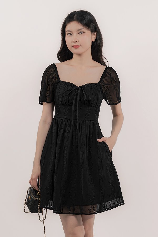 Delphine Padded Flutter Sleeve Dress (Black)