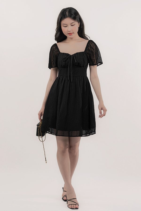 Delphine Padded Flutter Sleeve Dress (Black)