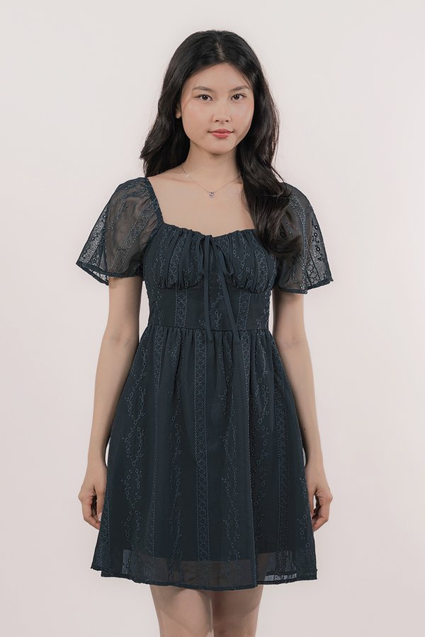 Delphine Padded Flutter Sleeve Dress (Teal)