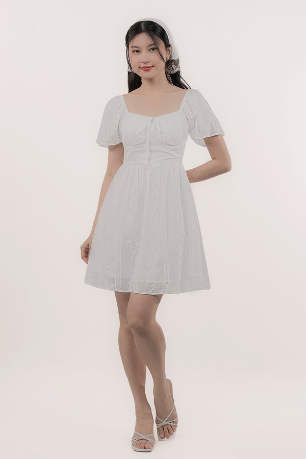 Delphine Padded Flutter Sleeve Dress (White)