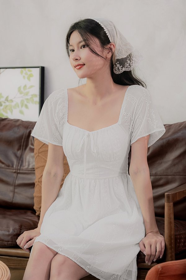 Delphine Padded Flutter Sleeve Dress (White)