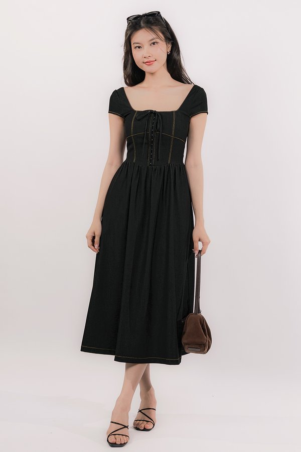 Harlow Padded Corset Midi Dress (Black Denim)