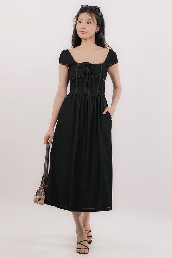 Harlow Padded Corset Midi Dress (Black Denim)