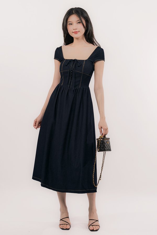 Harlow Padded Corset Midi Dress (Dark Denim)