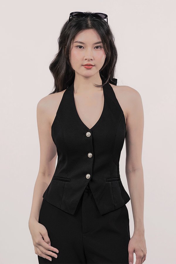 Inez Padded Halter Pearl Button Vest (Black)