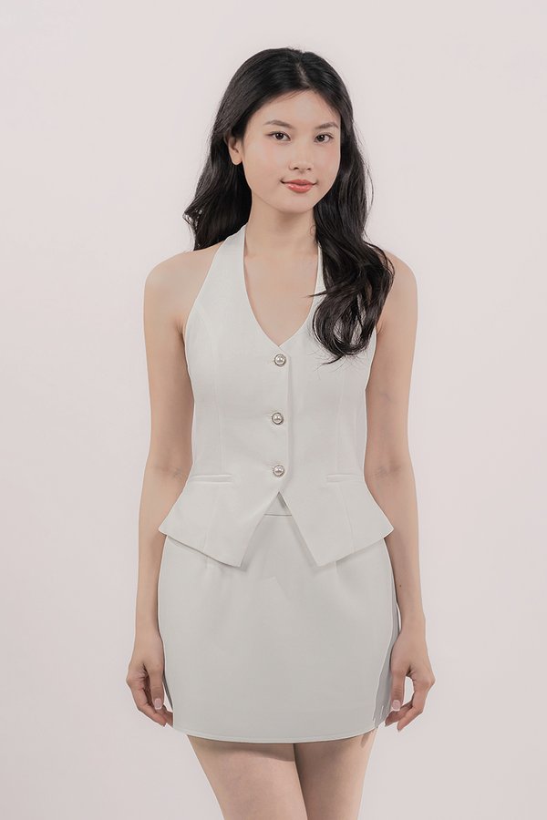 Inez Padded Halter Pearl Button Vest (White)
