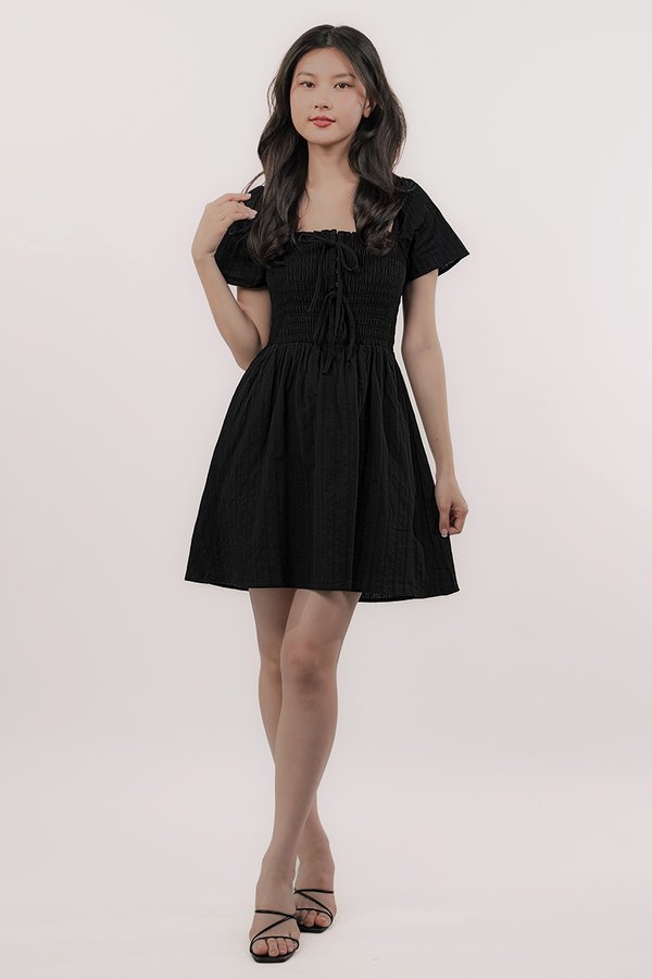 Luella Flare Sleeve Smocked Ribbon Dress (Black Textured)