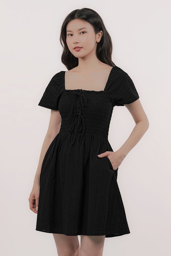 Luella Flare Sleeve Smocked Ribbon Dress (Black Textured)