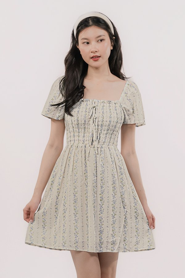 Luella Flare Sleeve Smocked Ribbon Dress (Blue Floral Cottage)
