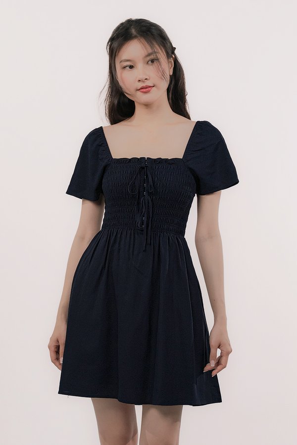 Luella Flare Sleeve Smocked Ribbon Dress (Midnight)