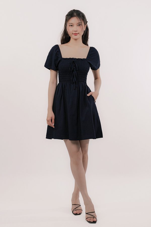 Luella Flare Sleeve Smocked Ribbon Dress (Midnight)