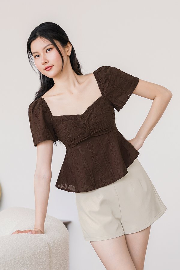 Angie Padded Ruched Peplum Top (Coffee Embroidery)