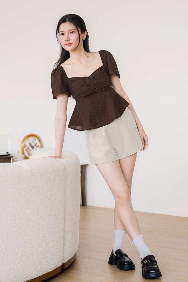 Angie Padded Ruched Peplum Top (Coffee Embroidery)