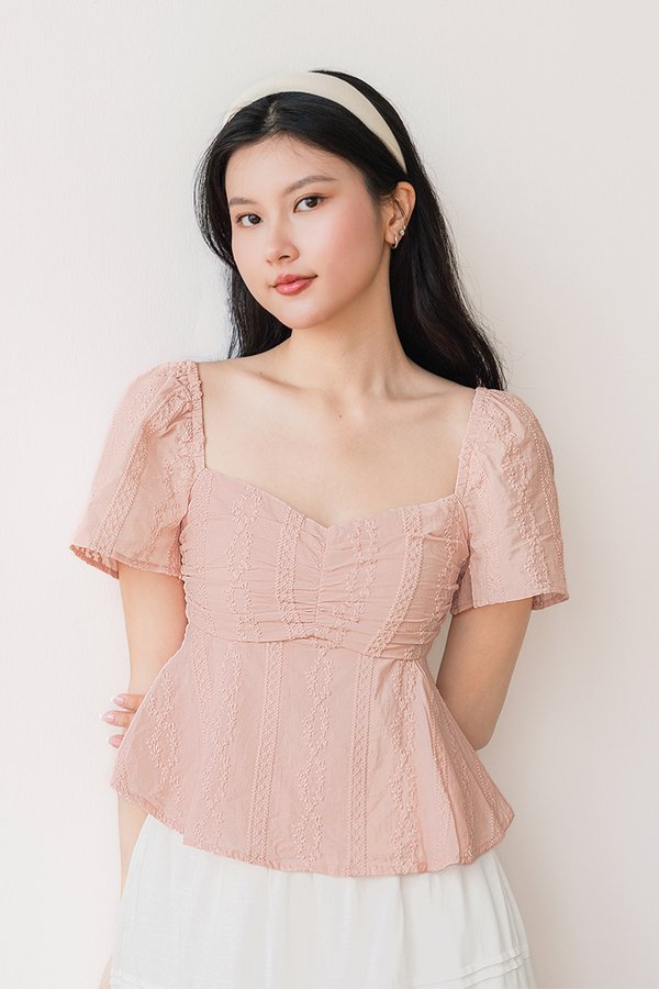 Angie Padded Ruched Peplum Top (Pink Embroidery)