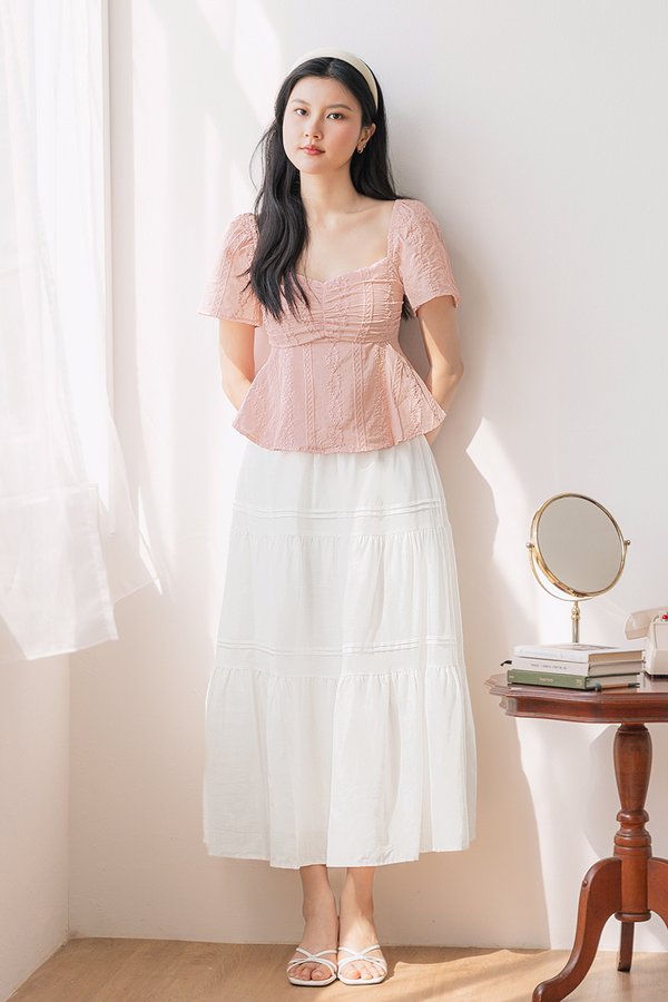 Angie Padded Ruched Peplum Top (Pink Embroidery)