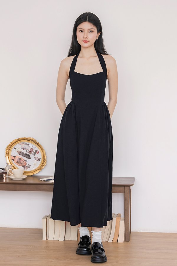 Diana Padded Curved Waist Halter Midi Dress (Midnight Black)
