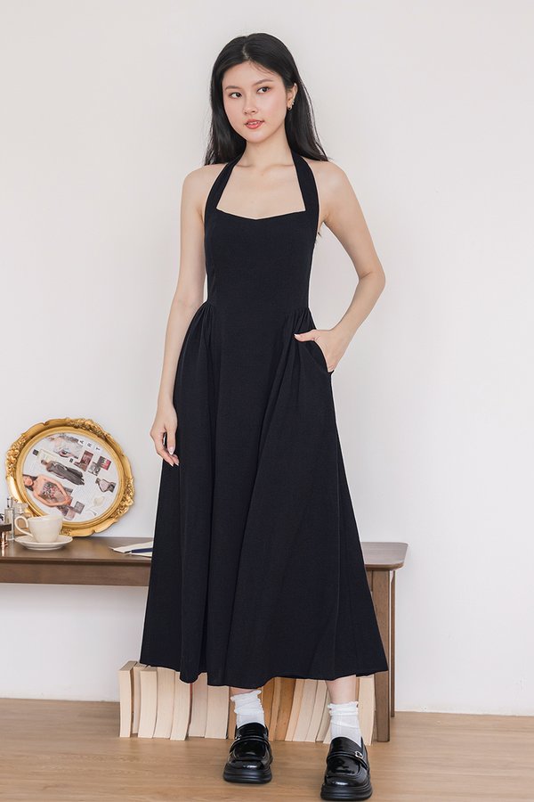 Diana Padded Curved Waist Halter Midi Dress (Midnight Black)