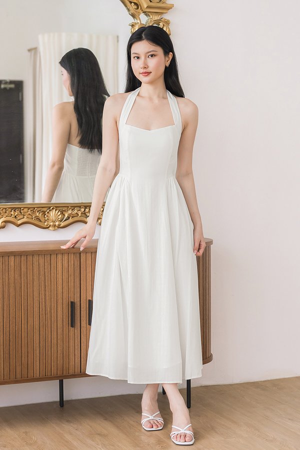Diana Padded Curved Waist Halter Midi Dress (White)