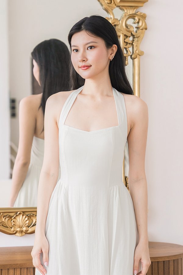 Diana Padded Curved Waist Halter Midi Dress (White)