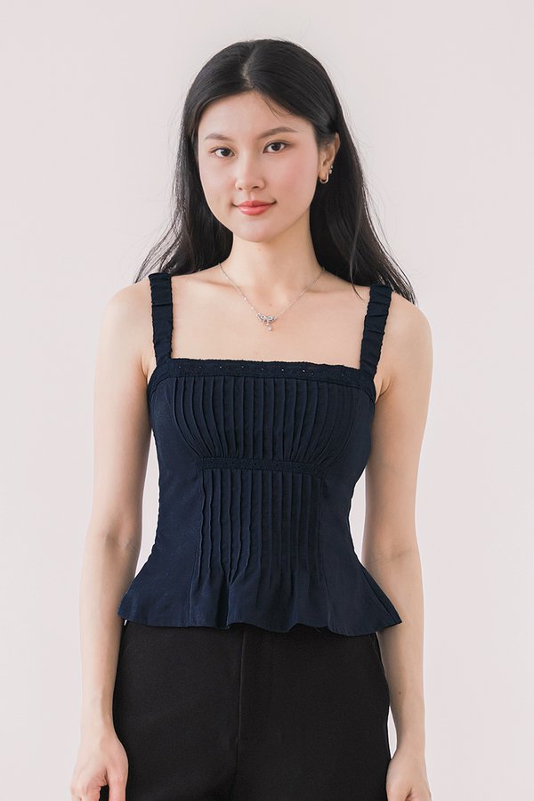 Eve Padded Ruched Strap Pintuck Top (Midnight)