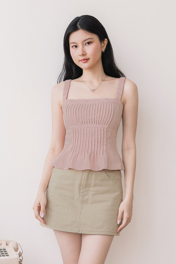 Eve Padded Ruched Strap Pintuck Top (Pink)
