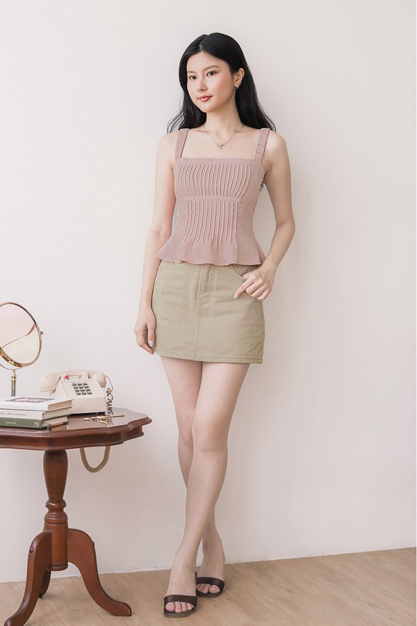 Eve Padded Ruched Strap Pintuck Top (Pink)