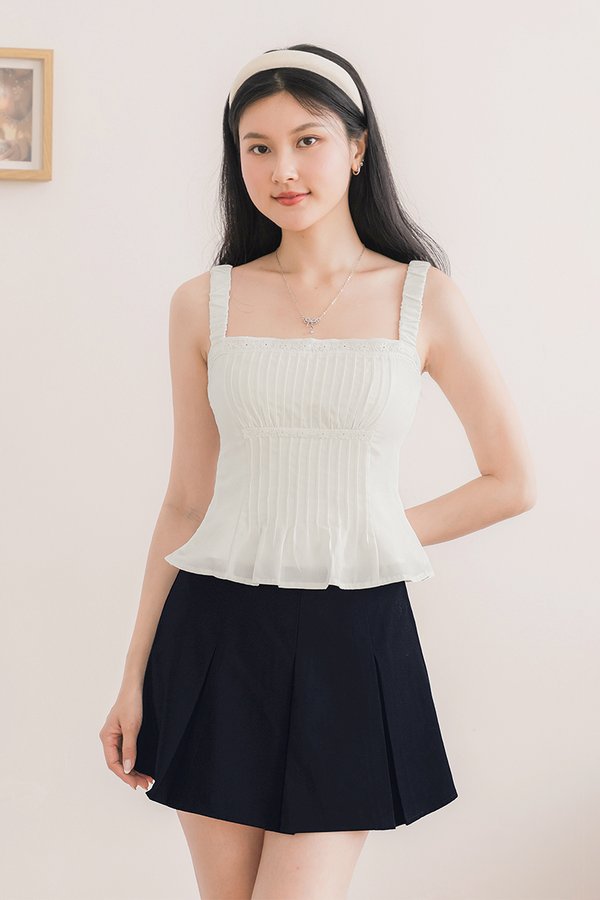 Eve Padded Ruched Strap Pintuck Top (White)