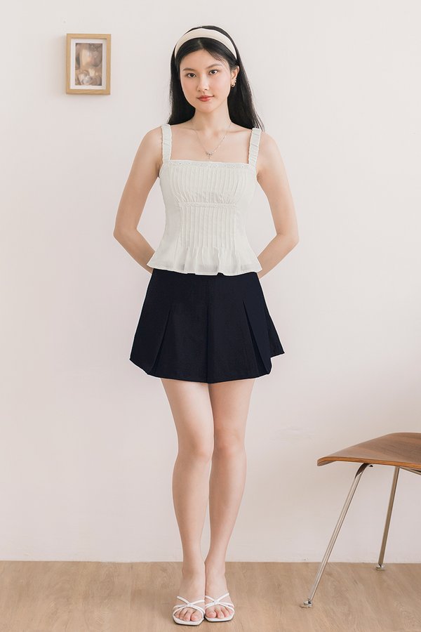 Eve Padded Ruched Strap Pintuck Top (White)