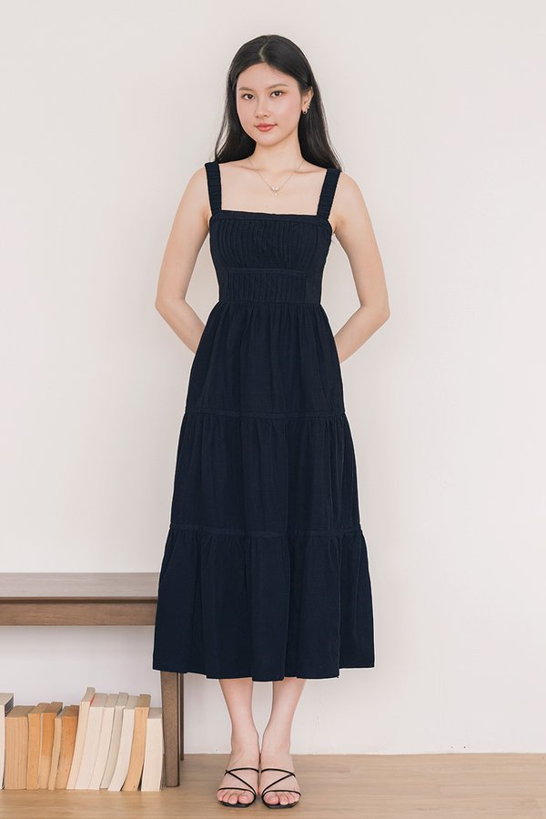 Evelyn Padded Pintuck Tiered Midaxi Dress (Midnight)