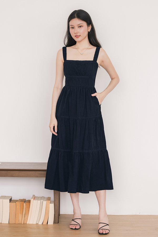 Evelyn Padded Pintuck Tiered Midaxi Dress (Midnight)