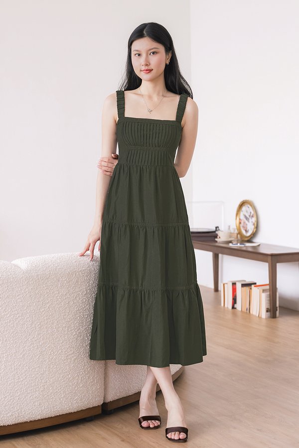 Evelyn Padded Pintuck Tiered Midaxi Dress (Olive)