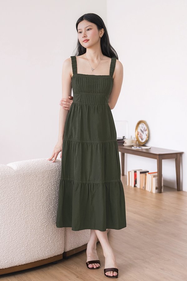Evelyn Padded Pintuck Tiered Midaxi Dress (Olive)