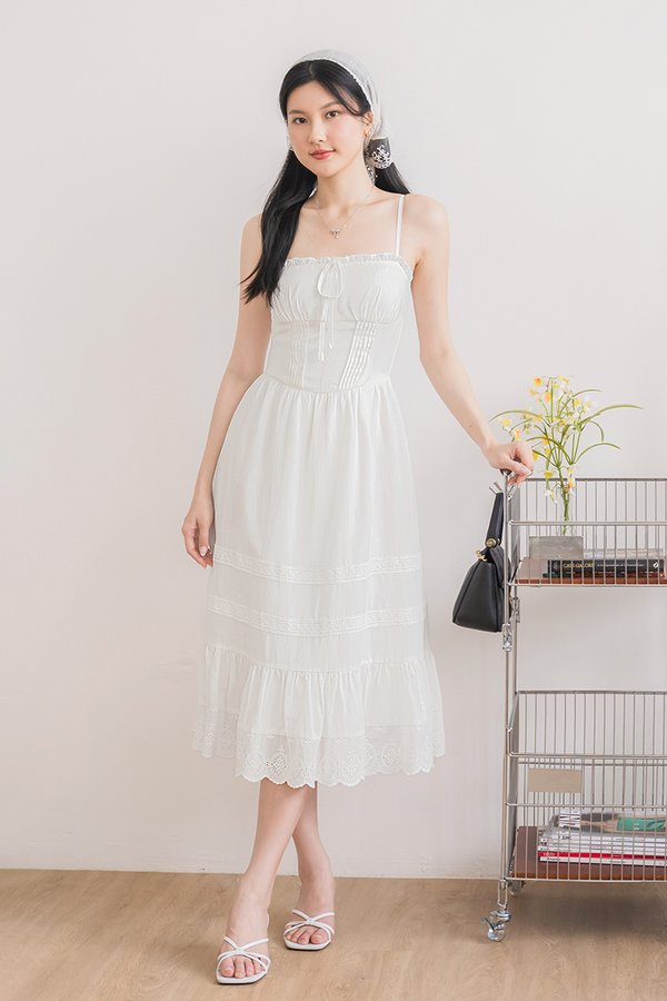 Harley Padded Pintuck Midaxi Dress (White)