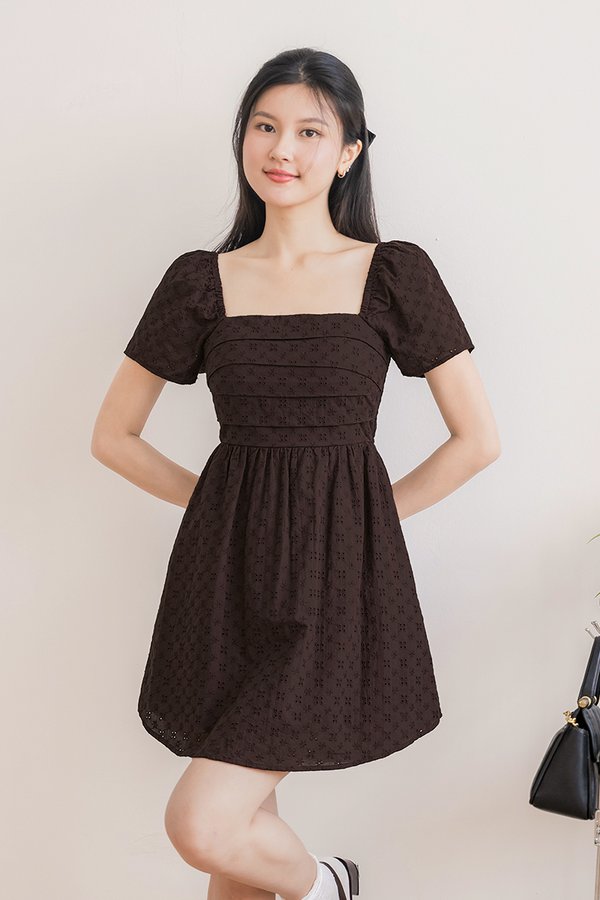 Hera Padded Flutter Sleeve Folds Dress V2 (Coffee Embroidery)