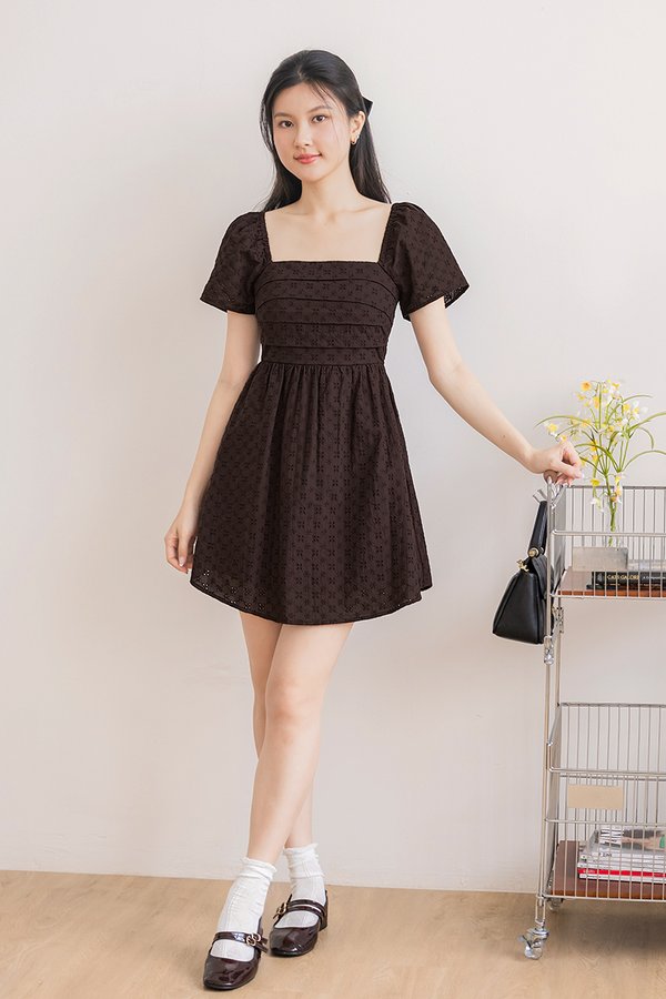 Hera Padded Flutter Sleeve Folds Dress V2 (Coffee Embroidery)