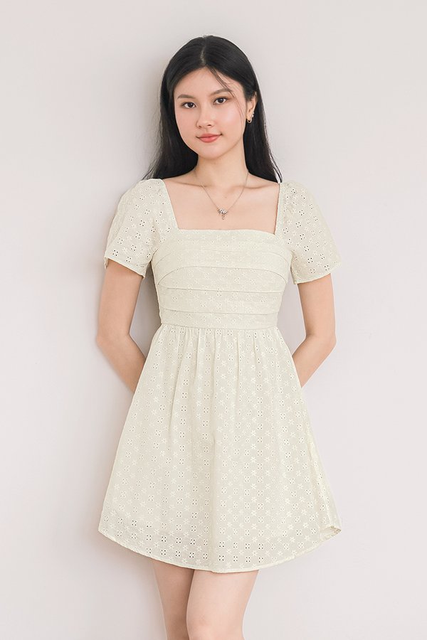 Hera Padded Flutter Sleeve Folds Dress V2 (Cream Embroidery)