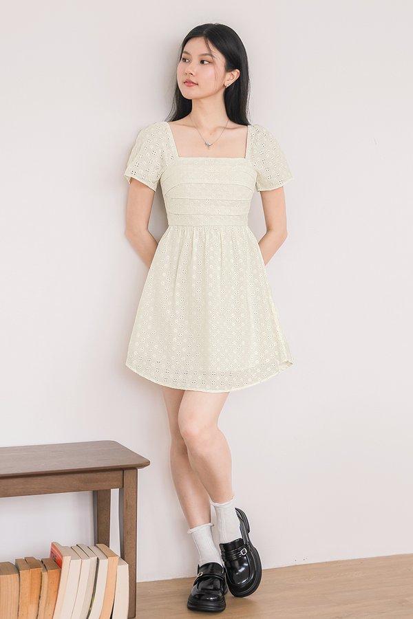 Hera Padded Flutter Sleeve Folds Dress V2 (Cream Embroidery)