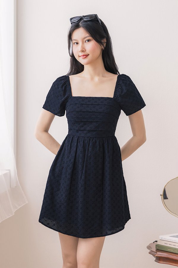 Hera Padded Flutter Sleeve Folds Dress V2 (Midnight Embroidery)