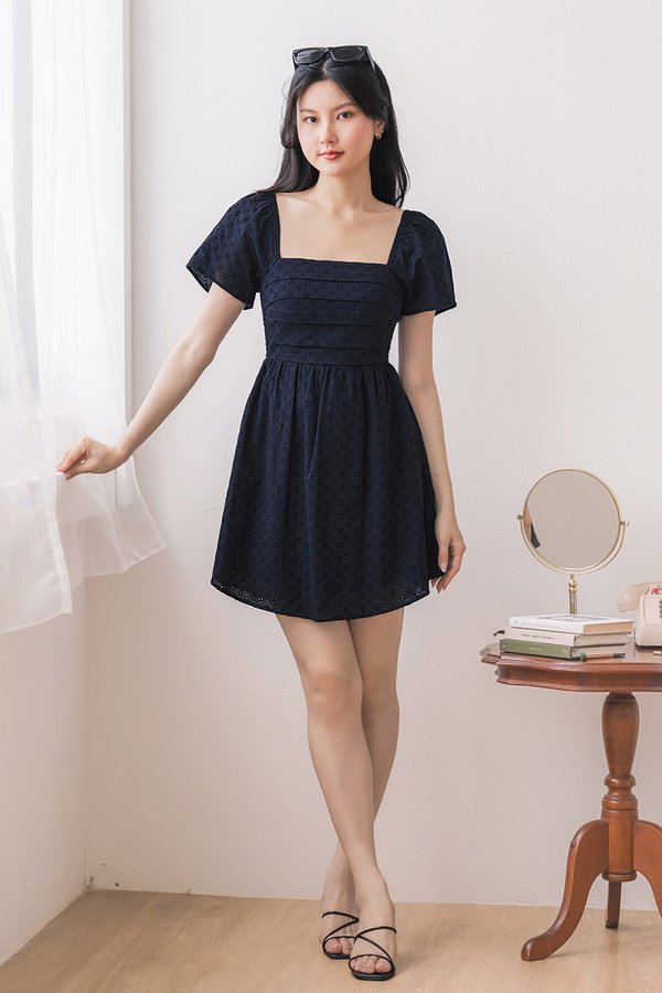 Hera Padded Flutter Sleeve Folds Dress V2 (Midnight Embroidery)
