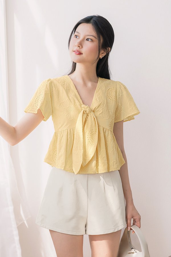Jayley Tie-Front Peplum Top (Daffodil Embroidery)