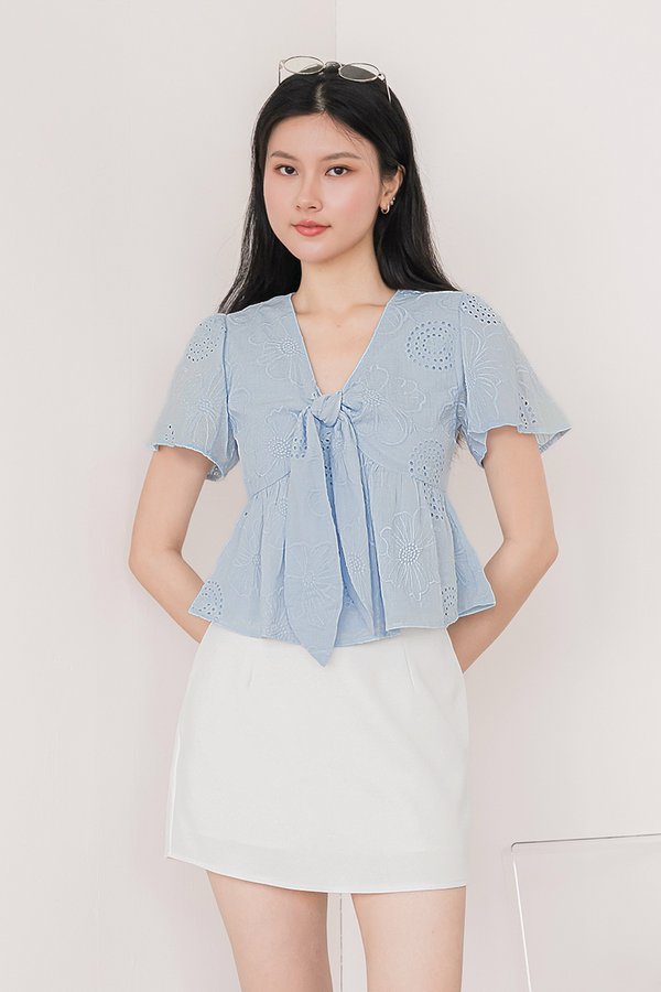 Jayley Tie-Front Peplum Top (Icy Blue Embroidery)