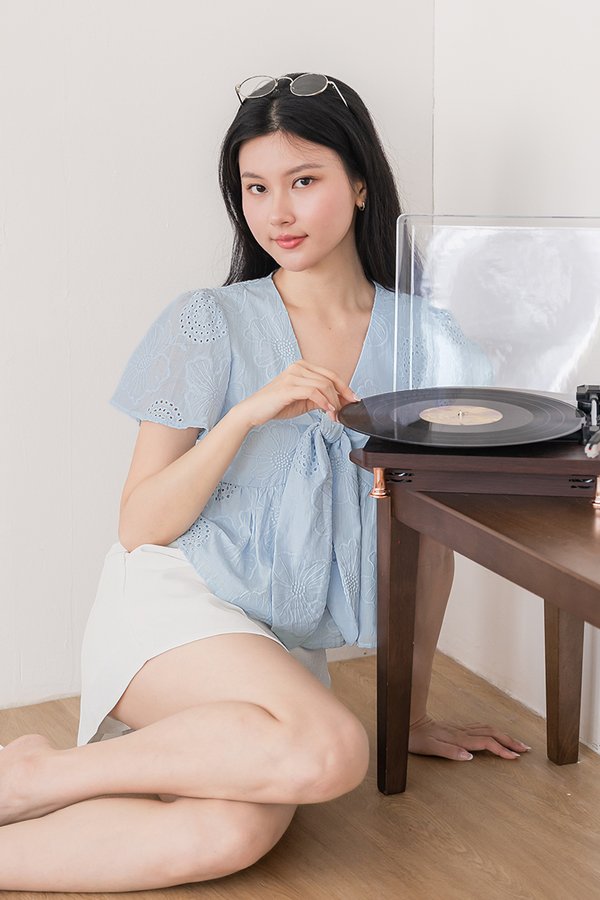Jayley Tie-Front Peplum Top (Icy Blue Embroidery)