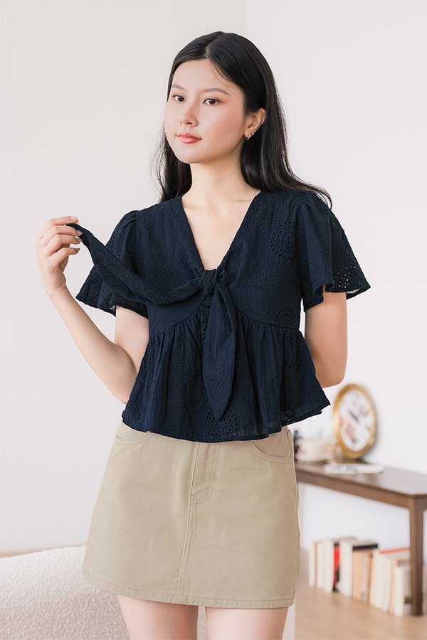 Jayley Tie-Front Peplum Top (Midnight Embroidery)