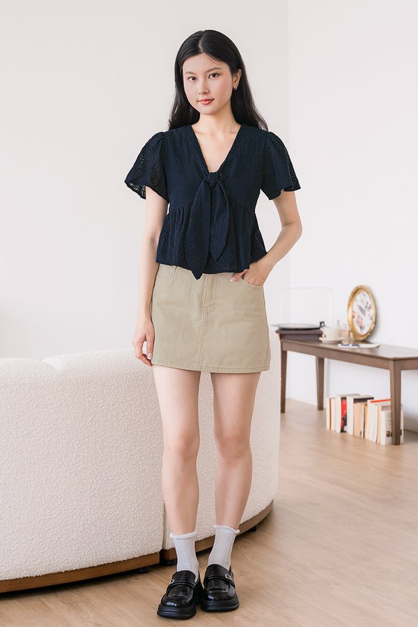 Jayley Tie-Front Peplum Top (Midnight Embroidery)