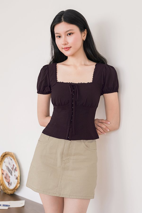 Juliette Padded Corset Puff Sleeve Top (Burgundy Brown)