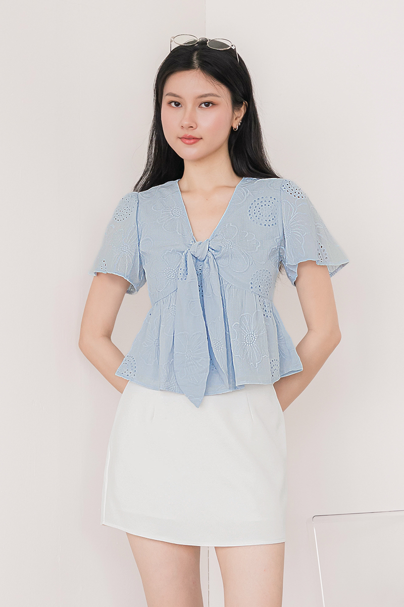 Jayley Tie-Front Peplum Top (Icy Blue Embroidery) | Dear Lyla