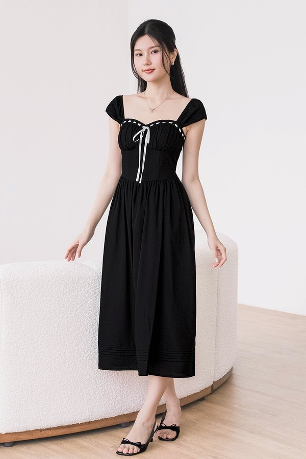 Carrie Padded Contrast Ribbon Midi Dress (Black)