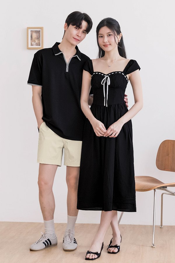 Carrie Padded Contrast Ribbon Midi Dress (Black)