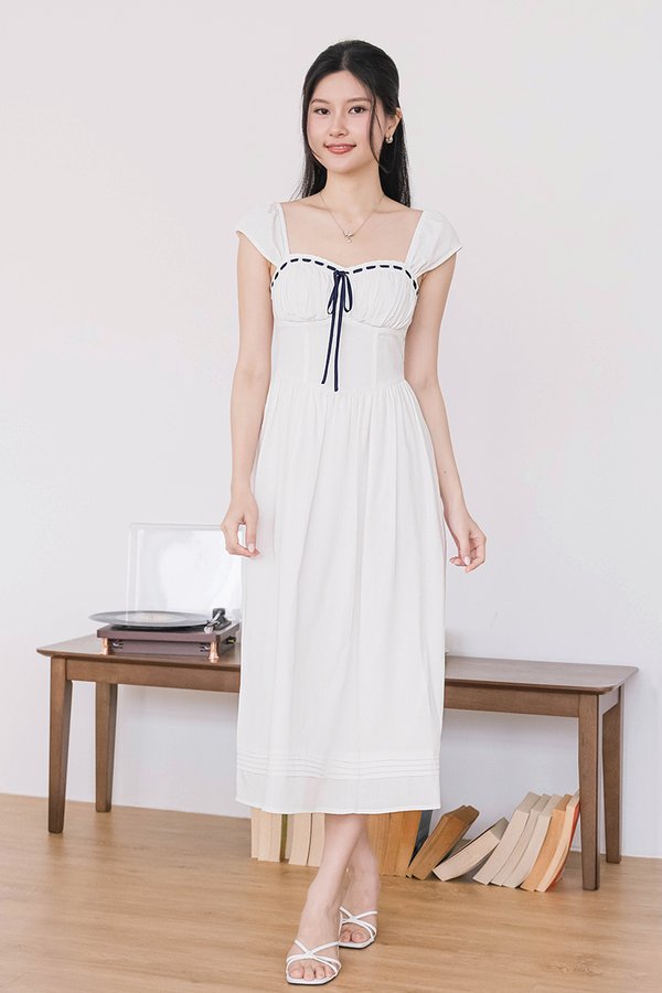 Carrie Padded Contrast Ribbon Midi Dress (White)