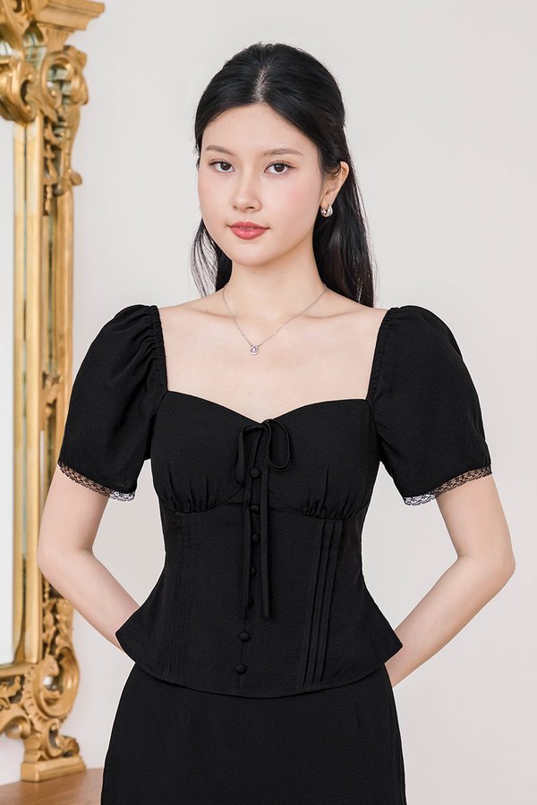 Calista Padded Lace Sleeve Top (Black)
